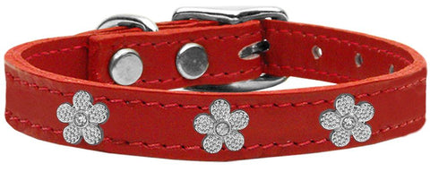 Silver Flower Widget Genuine Leather Dog Collar Red 10