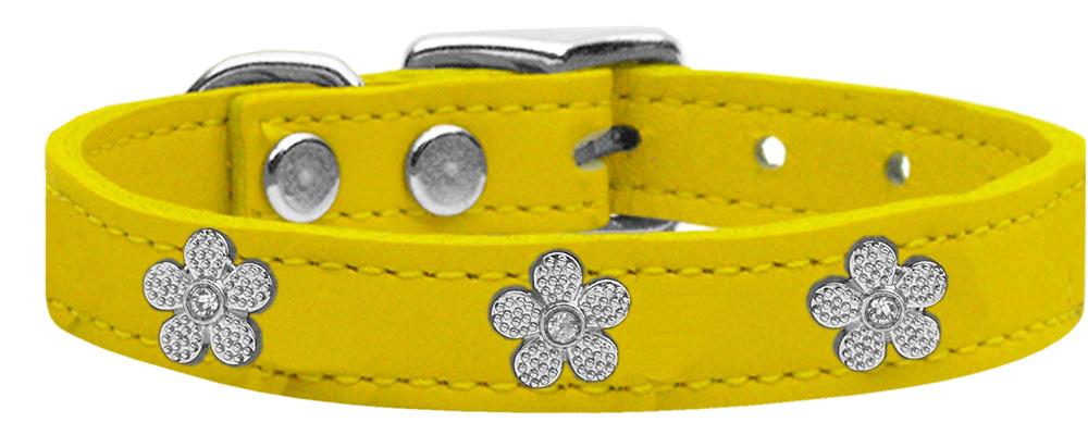 Silver Flower Widget Genuine Leather Dog Collar Yellow 10