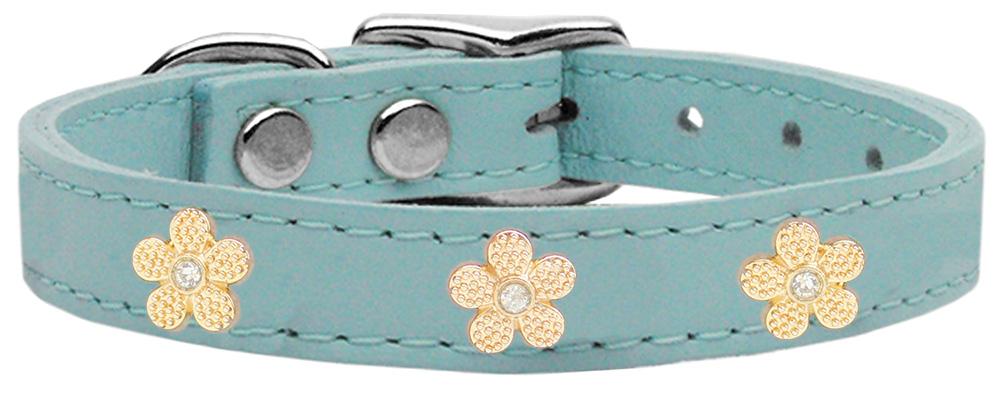 Gold Flower Widget Genuine Leather Dog Collar Baby Blue 10