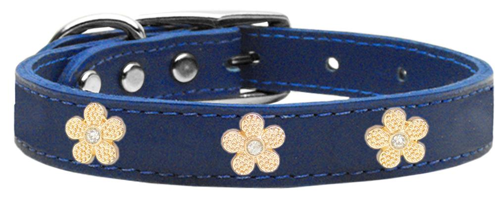 Gold Flower Widget Genuine Leather Dog Collar Blue 10