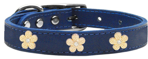 Gold Flower Widget Genuine Leather Dog Collar Blue 12