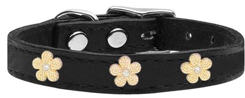 Gold Flower Widget Genuine Leather Dog Collar Black 10