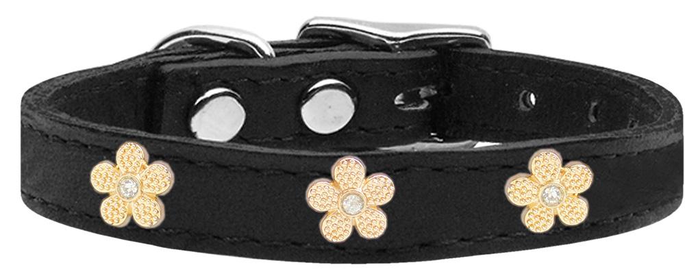 Gold Flower Widget Genuine Leather Dog Collar Black 16