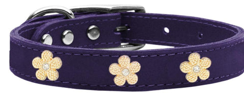 Gold Flower Widget Genuine Leather Dog Collar Purple 12