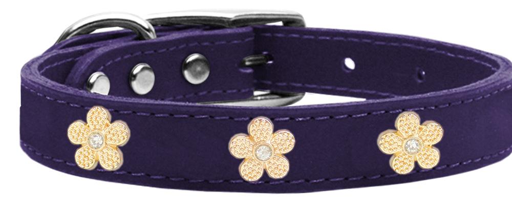 Gold Flower Widget Genuine Leather Dog Collar Purple 22