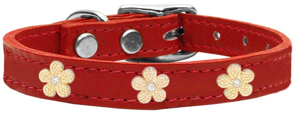 Gold Flower Widget Genuine Leather Dog Collar Red 10