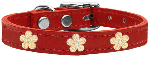 Gold Flower Widget Genuine Leather Dog Collar Red 12