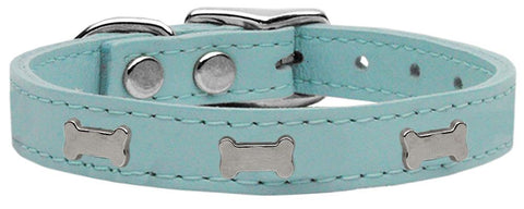 Silver Bone Widget Genuine Leather Dog Collar Baby Blue 10