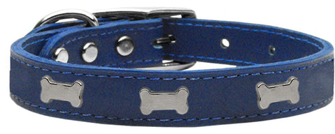 Silver Bone Widget Genuine Leather Dog Collar Blue 10