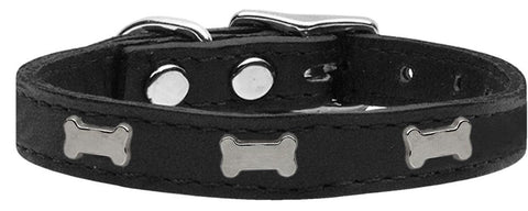 Silver Bone Widget Genuine Leather Dog Collar Black 10