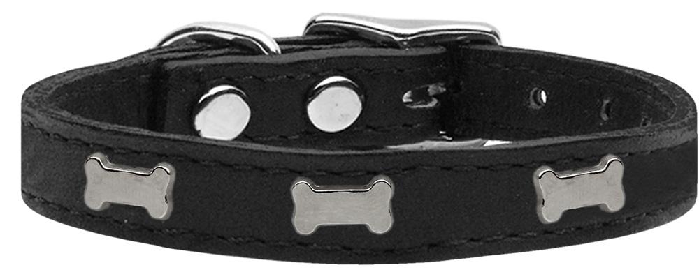 Silver Bone Widget Genuine Leather Dog Collar Black 12