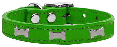 Silver Bone Widget Genuine Leather Dog Collar Emerald Green 10