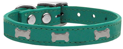 Silver Bone Widget Genuine Leather Dog Collar Jade 10