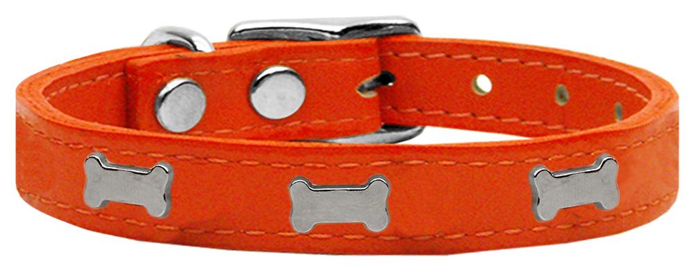 Silver Bone Widget Genuine Leather Dog Collar Orange 10