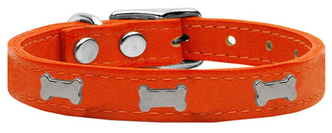 Silver Bone Widget Genuine Leather Dog Collar Orange 12