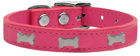 Silver Bone Widget Genuine Leather Dog Collar Pink 10