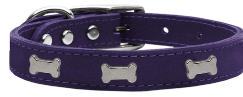 Silver Bone Widget Genuine Leather Dog Collar Purple 10