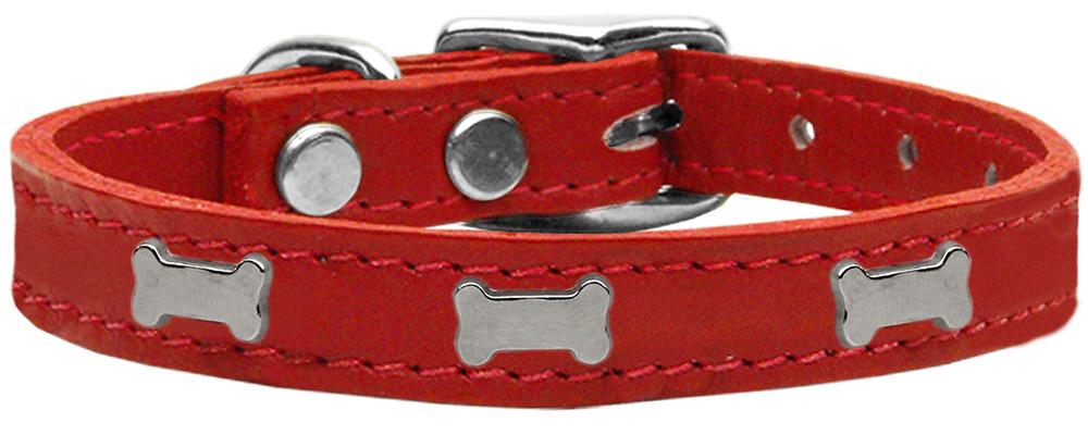 Silver Bone Widget Genuine Leather Dog Collar Red 10