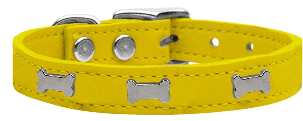 Silver Bone Widget Genuine Leather Dog Collar Yellow 10