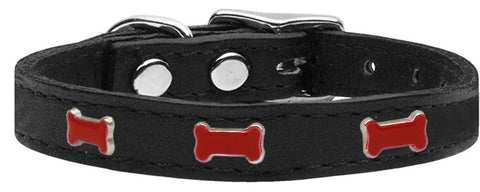 Red Bone Widget Genuine Leather Dog Collar Black 10