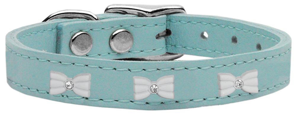 White Bow Widget Genuine Leather Dog Collar Baby Blue 10