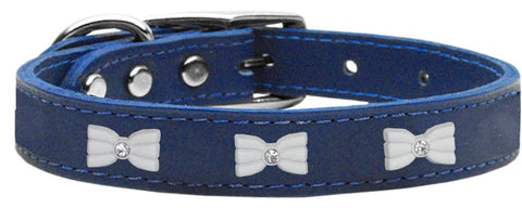 White Bow Widget Genuine Leather Dog Collar Blue 10