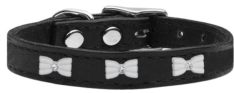 White Bow Widget Genuine Leather Dog Collar Black 12