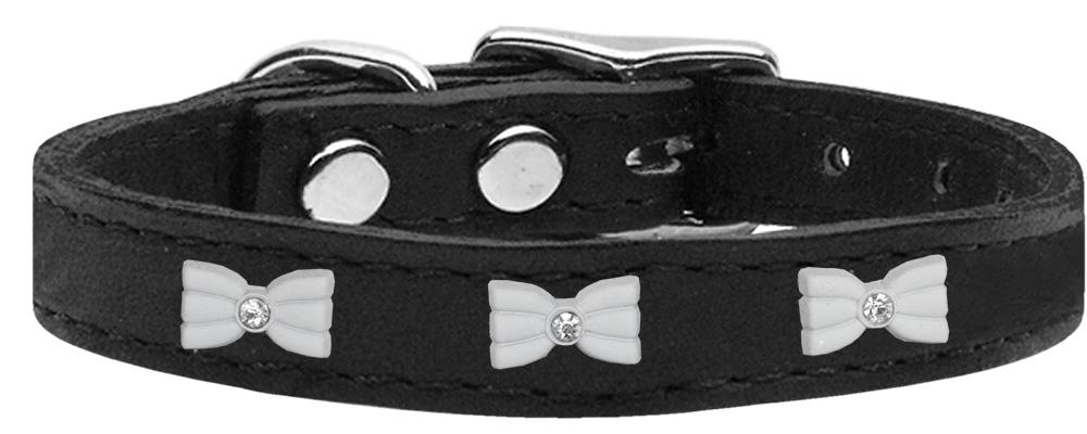 White Bow Widget Genuine Leather Dog Collar Black 20