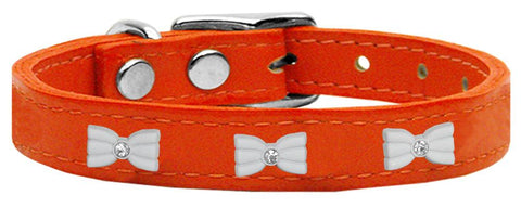 White Bow Widget Genuine Leather Dog Collar Orange 10