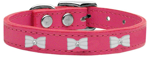 White Bow Widget Genuine Leather Dog Collar Pink 10