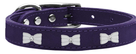 White Bow Widget Genuine Leather Dog Collar Purple 10