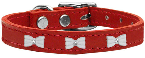 White Bow Widget Genuine Leather Dog Collar Red 10