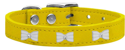 White Bow Widget Genuine Leather Dog Collar Yellow 10