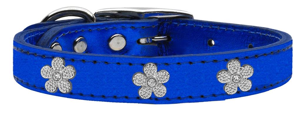 Silver Flower Widget Genuine Metallic Leather Dog Collar Blue 10