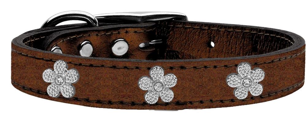 Silver Flower Widget Genuine Metallic Leather Dog Collar Bronze 10