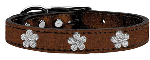 Silver Flower Widget Genuine Metallic Leather Dog Collar Bronze 12