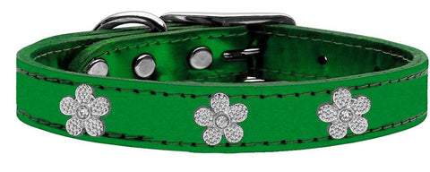 Silver Flower Widget Genuine Metallic Leather Dog Collar Emerald Green 10