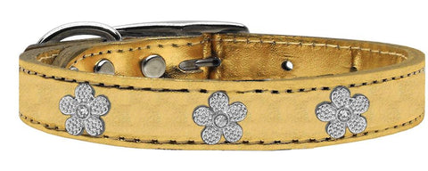 Silver Flower Widget Genuine Metallic Leather Dog Collar Gold 10