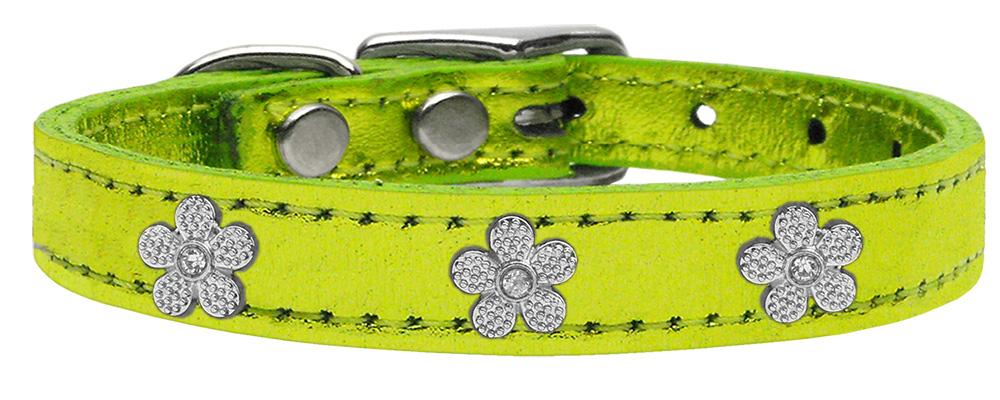 Silver Flower Widget Genuine Metallic Leather Dog Collar Lime Green 10