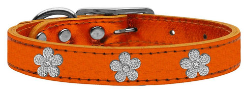 Silver Flower Widget Genuine Metallic Leather Dog Collar Orange 10