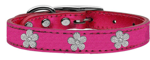 Silver Flower Widget Genuine Metallic Leather Dog Collar Pink 10