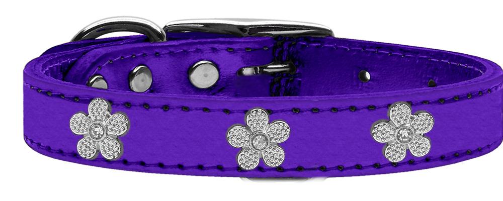 Silver Flower Widget Genuine Metallic Leather Dog Collar Purple 10