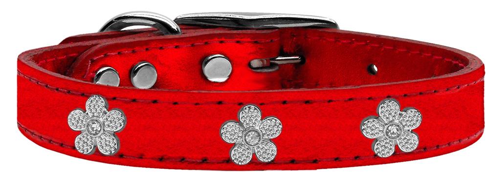 Silver Flower Widget Genuine Metallic Leather Dog Collar Red 10