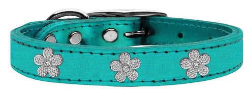 Silver Flower Widget Genuine Metallic Leather Dog Collar Turquoise 10