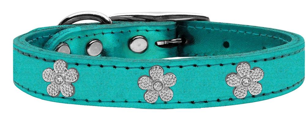 Silver Flower Widget Genuine Metallic Leather Dog Collar Turquoise 14