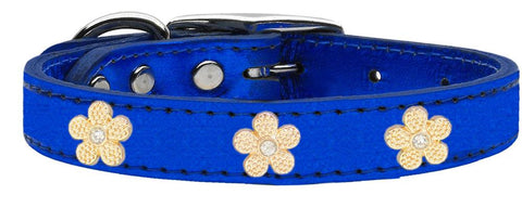 Gold Flower Widget Genuine Metallic Leather Dog Collar Blue 10