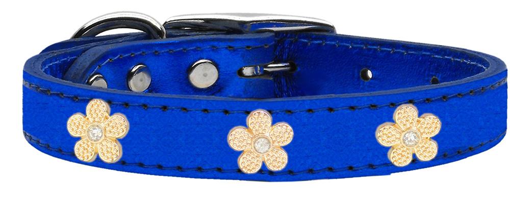 Gold Flower Widget Genuine Metallic Leather Dog Collar Blue 12