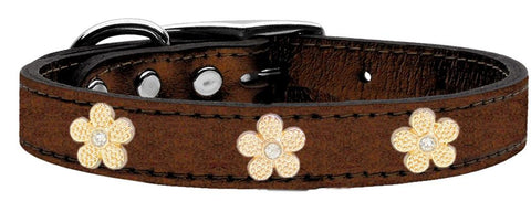 Gold Flower Widget Genuine Metallic Leather Dog Collar Bronze 20