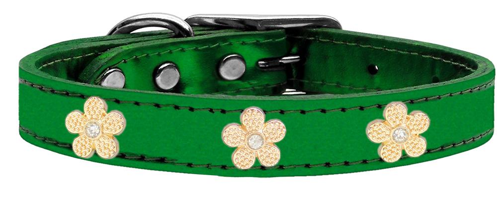 Gold Flower Widget Genuine Metallic Leather Dog Collar Emerald Green 10