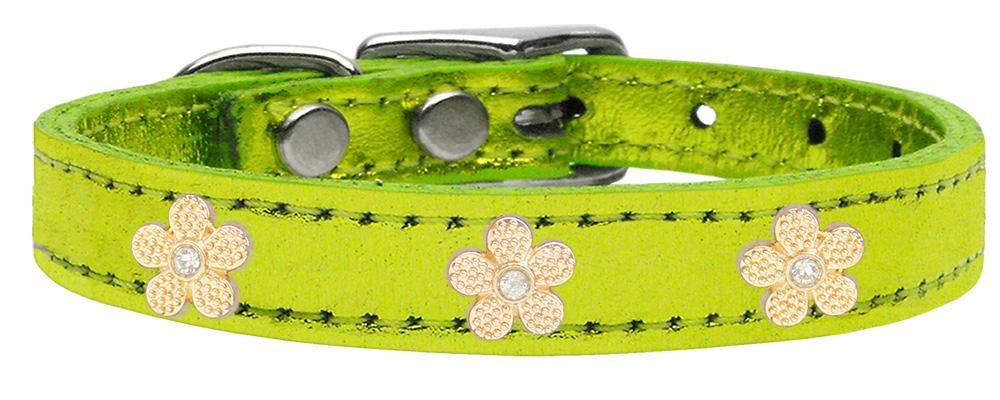 Gold Flower Widget Genuine Metallic Leather Dog Collar Lime Green 10